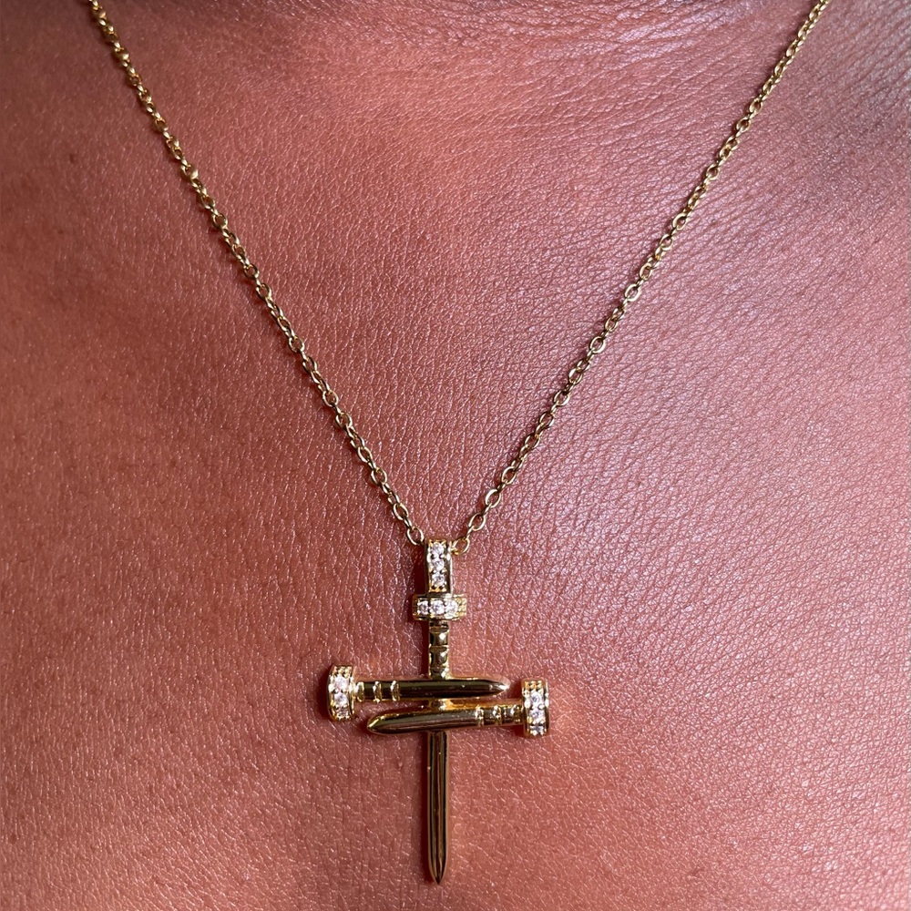 Gold-Plated Nailed Cross Pendant Necklace